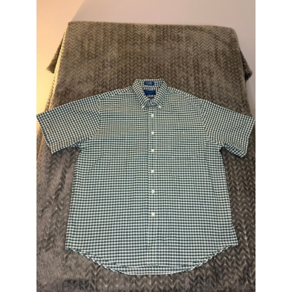 Towncraft‎ Mens Short Sleeve Button Down Shirt Green White Gingham  Large 0023